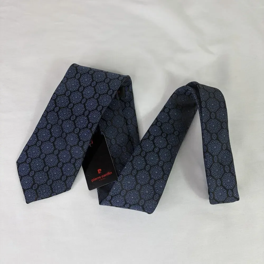 Pierre Cardin Paris Navy Blue Necktie Medallions Design NWT Polyester, Handmade